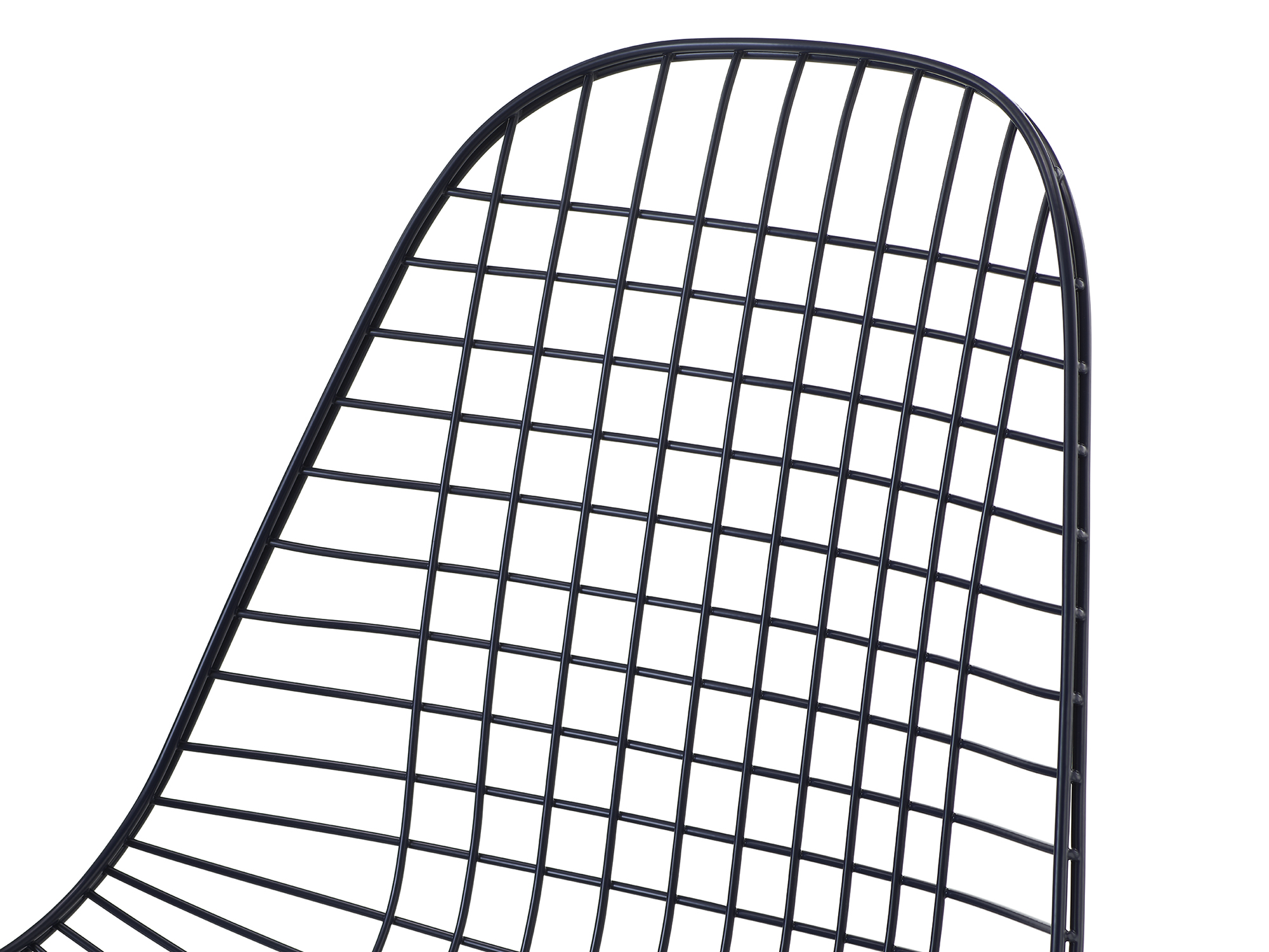 Black blue wire upholstered chair with wire base detail view